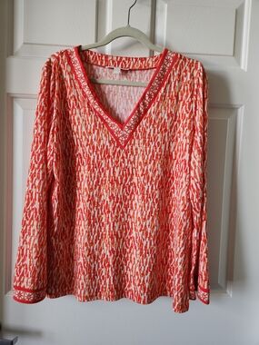 Michael Kors Coral and Cream V-Neck Long Sleeve Top